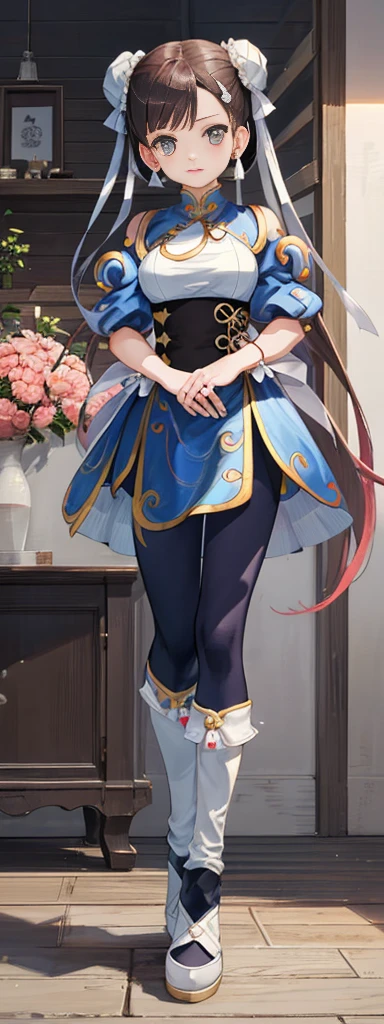 chun-li,((masterpiece)), ((best quality)), ((ultra detailed)), ((kawaii)), cute, (lovely), ((extremely detailed)), ((8K)), (beautiful),flat breast, tiny breast,full body