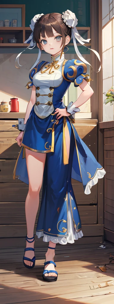 chun-li,((masterpiece)), ((best quality)), ((ultra detailed)), ((kawaii)), cute, (lovely), ((extremely detailed)), ((8K)), (beautiful),flat breast, tiny breast,full body