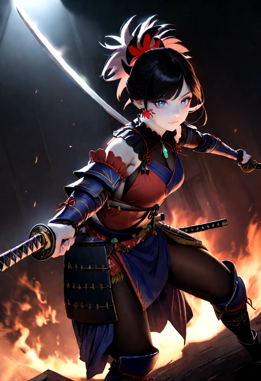 Highest image quality, masterpiece, super high resolution, (reality 1.4), raw photo, Miyamoto Musashi, brown body, holding two swords and swinging down on the opponent, background with a burning temple behind the dark character, solo, Japan armor, black hair, white skin, red tattoos on both cheeks, dark background with blue-white light in the background, deep shadows, low key, cold light 12000K
