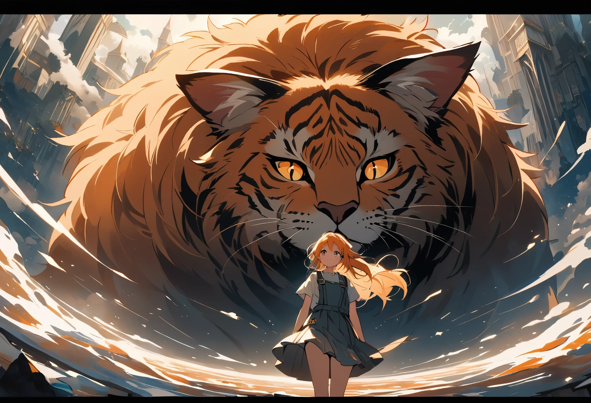 A wide-angle shot showing a young female high school student in a lying happily on the back of a massive, majestic feline creature. The cat has a powerful, muscular body covered in thick, lustrous fur that shimmers in various shades of orange, red, and gold. Its face is regal and leonine, with piercing eyes and a strong, angular jawline. The girl reclines gracefully on the cat’s broad back, her skirt billowing slightly in the wind as she clings to the creature’s thick fur with a joyful, awestruck expression. The cat moves with a graceful, effortless stride, its paws leaving no trace as it dashes through the fantastical landscape. The composition places the cat and girl prominently in the center of the frame, viewed from a frontal perspective. The overall aesthetic has an anime or illustration-like style.