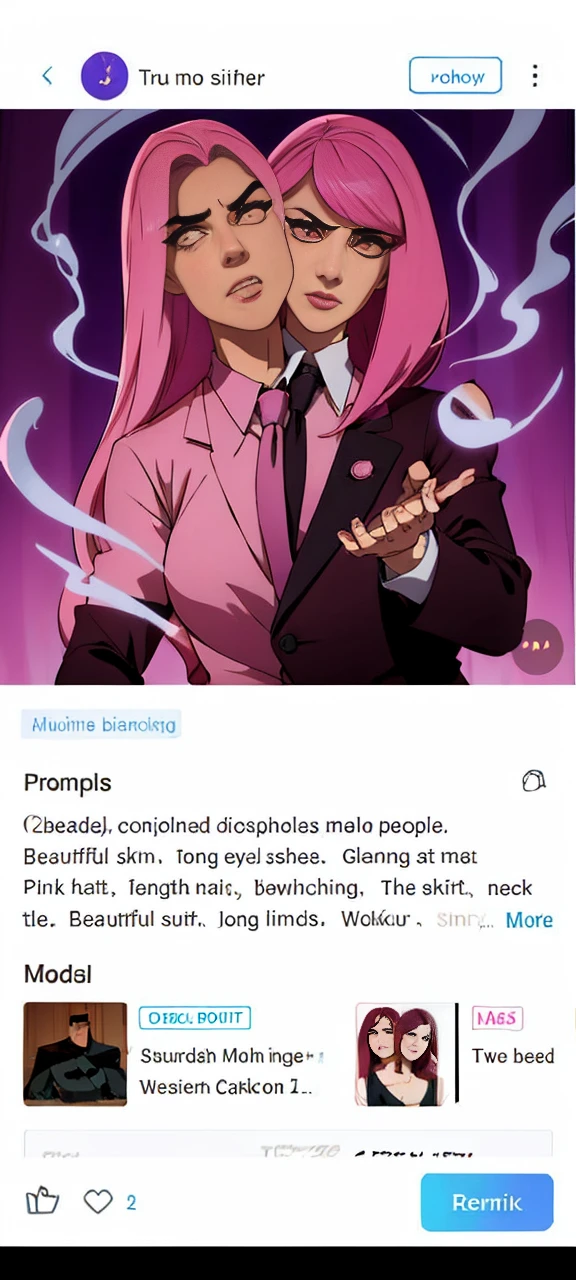 (2heads), conjoined dicephalus,male people、Beautiful skin、long eyelashes、Glaring at me、Pink hair、length hair、bewitching、The shirt、neck tie、Beautiful suit、long limbs、Wolfcut、smoking tobacco、murky、long bangs、Bangs flowing to the left、Thin and beautiful eyebrows