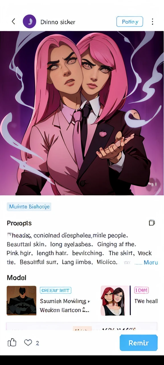 (2heads), conjoined dicephalus,male people、Beautiful skin、long eyelashes、Glaring at me、Pink hair、length hair、bewitching、The shirt、neck tie、Beautiful suit、long limbs、Wolfcut、smoking tobacco、murky、long bangs、Bangs flowing to the left、Thin and beautiful eyebrows