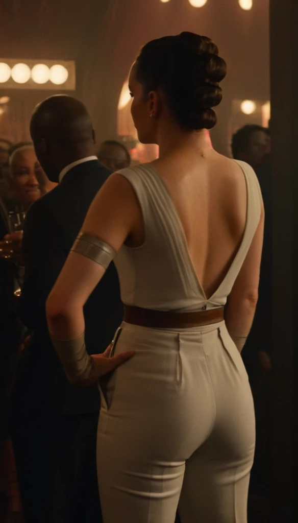 cinematic film still Daisy Ridley, highly detailed, high budget Hollywood movie by barry jenkins, she is showing her ((very small ass)) in a club, nsfw, solo 1 woman, ass is focus but its still covered in the pants, very flat small breasts covered behind the clothes, high qualit,