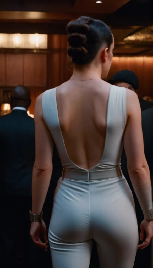 cinematic film still Daisy Ridley, highly detailed, high budget Hollywood movie by barry jenkins, she is showing her ((very small ass)) in a club, nsfw, solo 1 woman, ass is focus but its still covered in the pants, very flat small breasts covered behind the clothes, high qualit,