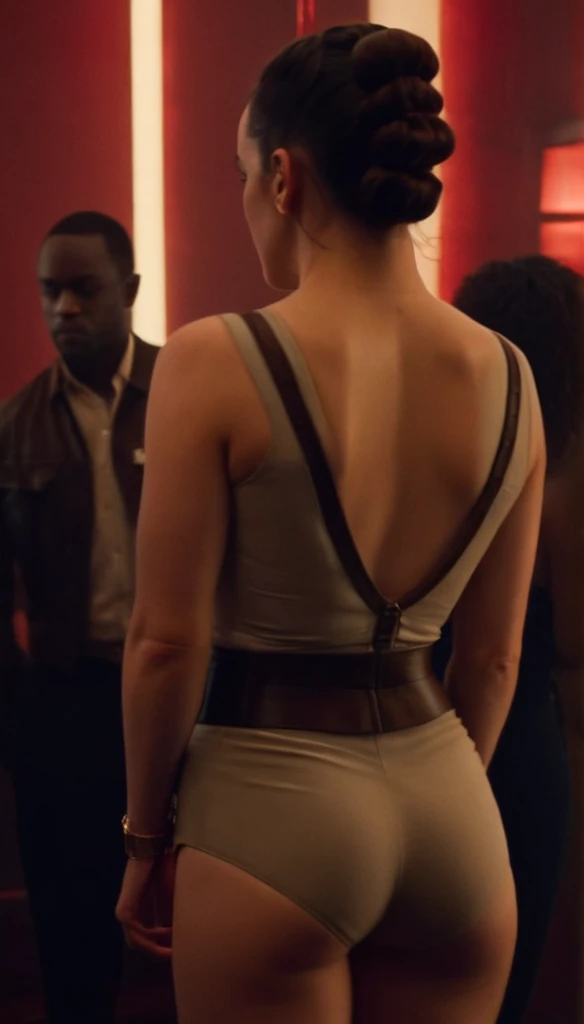 cinematic film still Daisy Ridley, highly detailed, high budget Hollywood movie by barry jenkins, she is showing her ((very small ass)) in a club, nsfw, solo 1 woman, ass is focus but its still covered in the pants, very flat small breasts covered behind the clothes, high qualit,