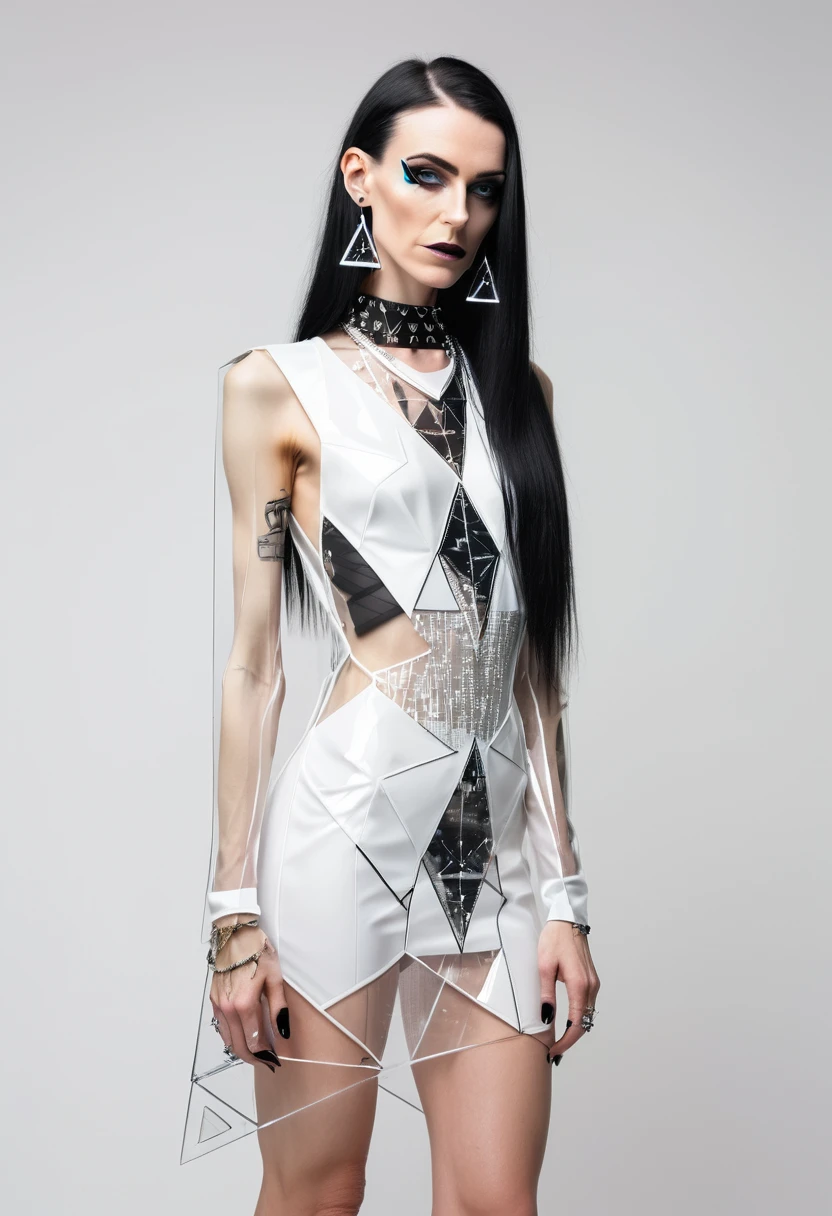skinny 35 years old woman, , small ass, black long hair, wearing TRANSPARENT WHITE cyberpunk MINIDRESS with triangular forms, in a white background, black nails, triangular necklace, triangular earrings,