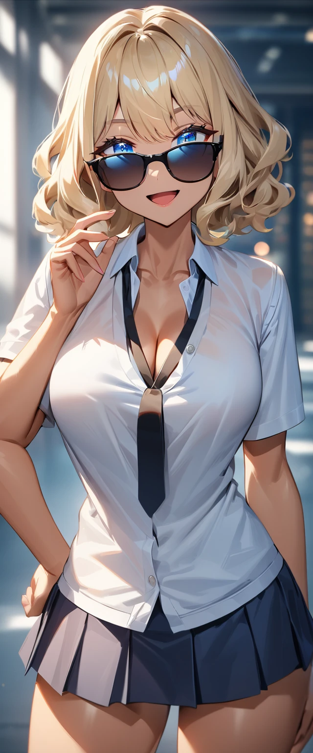 (((One girl))), ((tanned skin:1.3)), blond hair, inwardly curled hair, ((sunglasses, hand to sunglasses)), open mouth, stick out tongue, ((one hand on hip)), ((bob cut:1.3, wavy hair)), Heavy makeup, breasts, cleavage, (cowboy shot), standard body, (looking at viewer), collarbone, ((((school summer uniform, white unbuttoned shirt, skirt)))), (open collar), ((tie under the sweater vest)), ((black sweater)), ager, head tilt:1.3, (((blue eye))), ((happy smile)), (((anime style))), (best quality, 4k, 8k, highres, masterpiece:1.2, ultra-detailed, ultra-detailed eyes, HDR, UHD, studio lighting, ultra-fine painting, sharp focus, physically-based rendering, extreme detail description, professional, vivid colors, bokeh), ((Highest quality, Best image quality, Ultra-high resolution, Ultra-high resolution, solo, Strong eye highlights)), Depth of written boundary, Natural soft light, attractive, Beautiful Face, Cleanliness, Pure Face, nedium chest, Beautiful Face, Perfect Fingers, Perfect hands, Perfect body, Perfect Face, Shine a light into your eyes, Perfect Anatomy