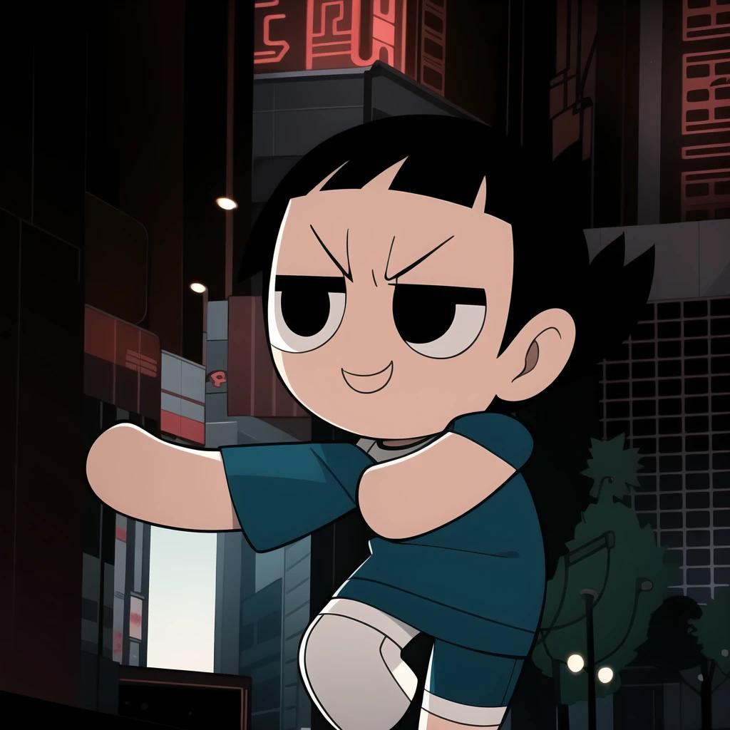 boy, shirt, short sleeves, pants, cute smile, full body, chibi, black hair, city background, (((Solo)))