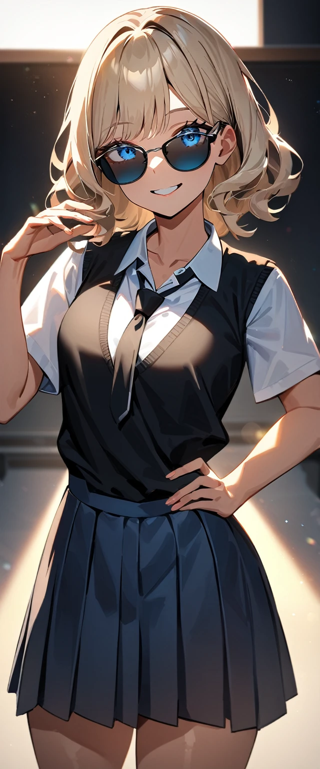 (((One girl))), tanned skin:1.3, blond hair, ((sunglasses, hand to sunglasses)), stick out tongue, ((one hand on hip)), ((bob cut:1.3, wavy hair)), Natural makeup, breasts, cleavage, (cowboy shot), standard body, (looking at viewer), collarbone, ((((school summer uniform, white unbuttoned shirt, skirt)))), (open collar), ((black tie under the sweater vest)), ((black sweater)), teenager, head tilt:1.3, (((blue eye))), ((happy smile)), (((anime style))), (best quality, 4k, 8k, highres, masterpiece:1.2, ultra-detailed, ultra-detailed eyes, HDR, UHD, studio lighting, ultra-fine painting, sharp focus, physically-based rendering, extreme detail description, professional, vivid colors, bokeh), ((Highest quality, Best image quality, Ultra-high resolution, Ultra-high resolution, solo, Strong eye highlights)), Depth of written boundary, Natural soft light, attractive, Beautiful Face, Cleanliness, Pure Face, nedium chest, Beautiful Face, Perfect Fingers, Perfect hands, Perfect body, Perfect Face, Shine a light into your eyes, Perfect Anatomy