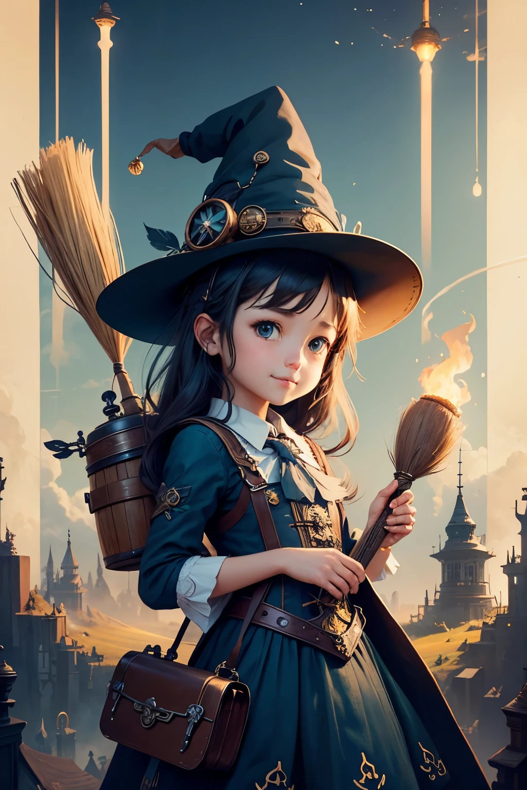 (Highest quality:1.3)。steampunkai。One Girl。 cute witch。Exploring fairyland with a broom on your shoulder。A curious smile。The background is a beautiful fairyland with blue sky and white clouds。