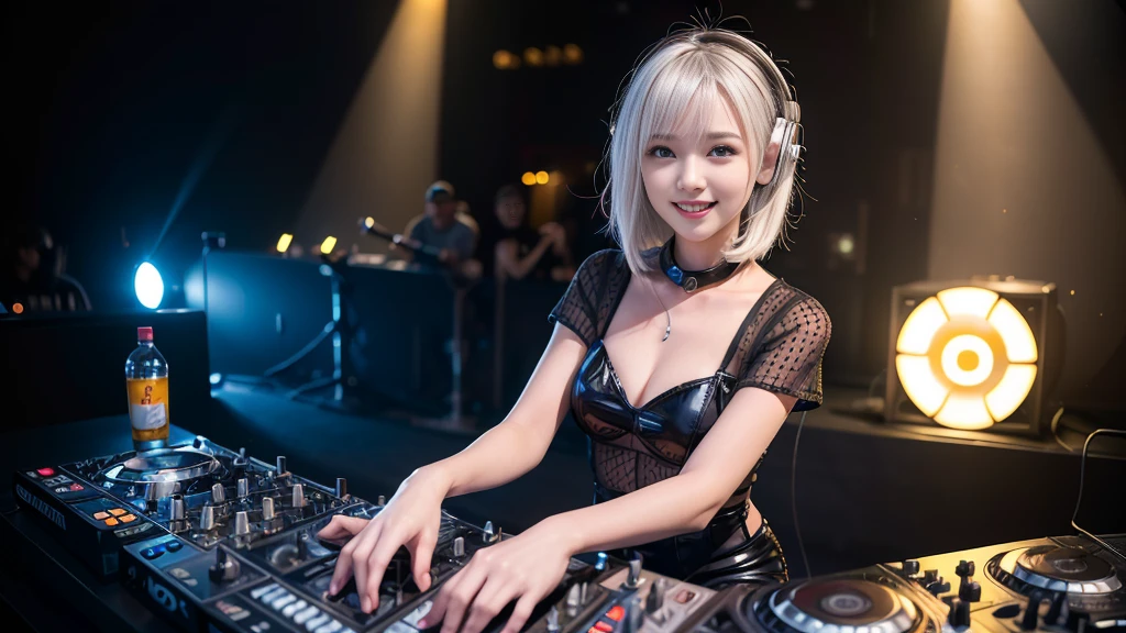 (ultra - detailed, 16K resolution, Cinema lenses, rendering by octane), (high resolution:1.18), intricate detail, (masterpiece:1.1), (highest quality:1.1), (1girl, portrait, white hair, blue eyes, short hair, detailed eyes),Wearing silver DJ headphones, Shiny silver sequined T-shirt, (Iconic hip-hop pop costumes:1.3), Smile while DJing on stage, full body shot of, The spotlight shines on the female DJ. Photorealistic photography by Disco Lighting, (cute round face:1.3), perfect fingers, five fingers, beautiful hands, perfect hands. master peace, cute smile.