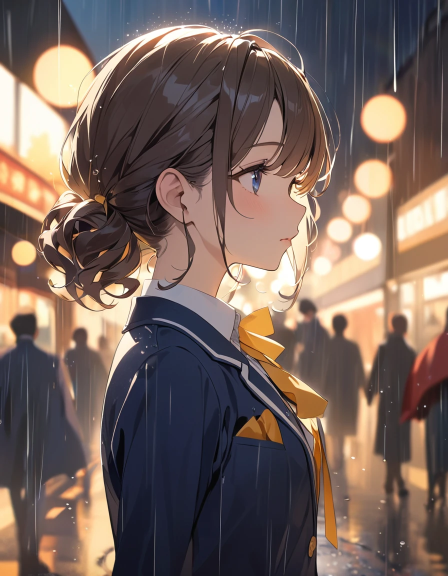 (Highest qualityのイラスト:1.2), (pretty girl:1.1), (1 girl、、Highest qualityのイラスト:1.2), (1 girl、Small breasts、blue eyes)、 Brown Hair、short hair、Wavy Hair、Curly Hair、Low Twintails、(Highest quality、Very detailed、Very detailed and beautiful、Ultra-high resolution) 、、,{Dark Blue Blazer、White shirt、Yellow ribbon、Grey pleated skirt}、throw、Soft focus ground bokeh、、from side, Gazing into the distance、rain,Daytime
