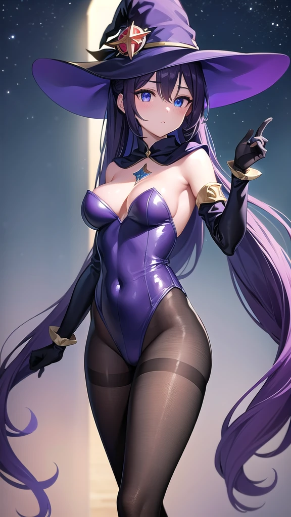 monamegistus, mona, blue eyes, hair between eyes, twintails, very long hair, purple hair, hat, (medium breast:1.2), witch hat,
BREAK black bodysuit, black gloves, blue sleeves, bodysuit, capelet, covered navel, black pantyhose,detached sleeves, gloves, high heels, leotard, long hair, long sleeves, multicolored sleeves, purple capelet, purple sleeves, strapless, strapless leotard,
BREAK outdoors, castle, night, moon, lights, stars, starfall,
BREAK looking at viewer,BREAK (masterpiece:1.2), best quality, high resolution, unity 8k wallpaper, (illustration:0.8), (beautiful detailed eyes:1.6), extremely detailed face, perfect lighting, extremely detailed CG, (perfect hands, perfect anatomy),from behind,back view, full body shot.