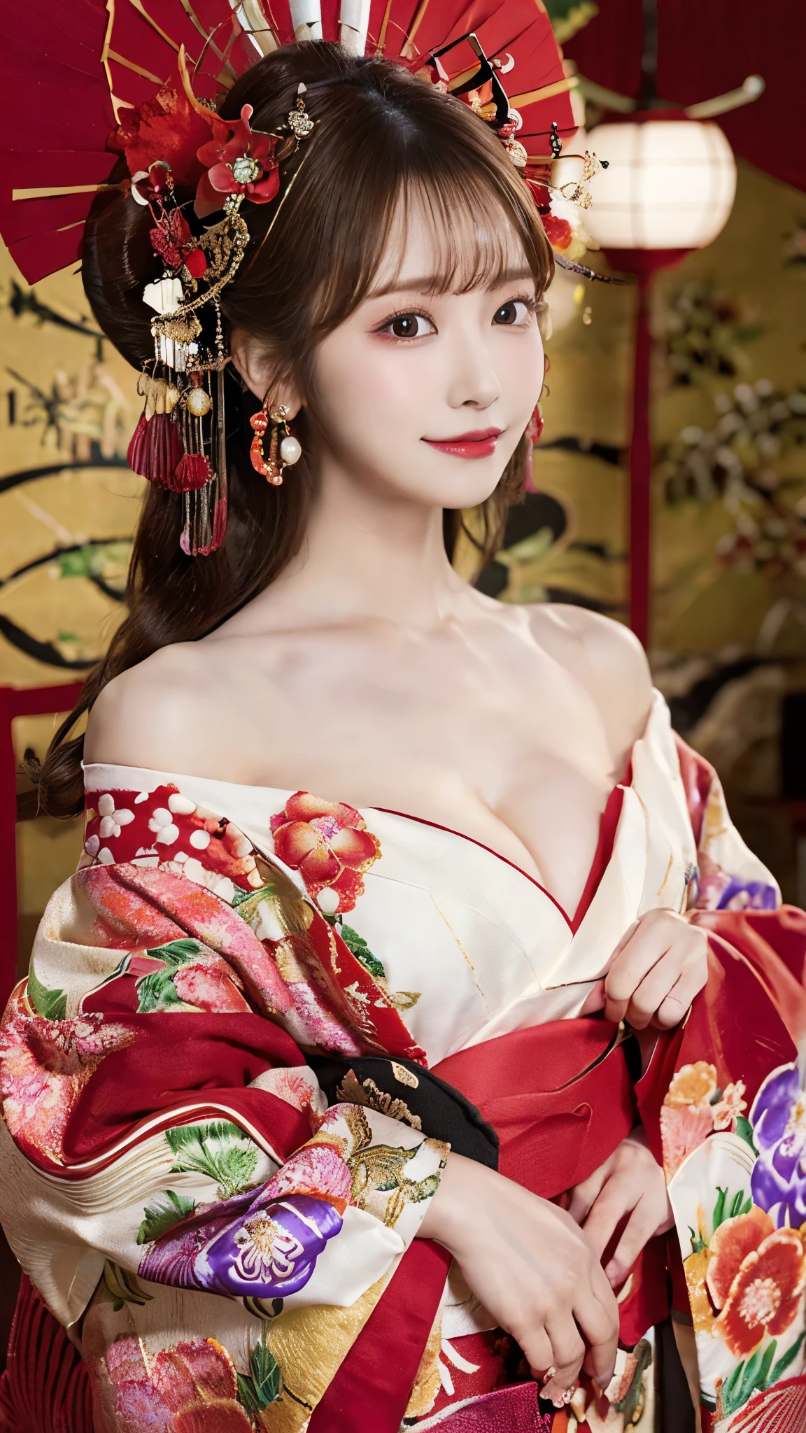 (Detailed skin:1.2),(Shiny skin:1.1),8K,Highest quality, masterpiece, Ultra-high resolution,(Realistic:1.4), RAW Photos,(Soft saturation:1.3),(Fair skin:1.2),Half-Japanese beauty,repair,20 years, Light brown hair, (Up-Hairstyles:1.2), Asymmetrical Hair, (Pretty face:1.4), (Large Breasts, Tight waist), Beautiful lighting, (Sexy Oiran:1.2,),Highly detailed face, Highly detailed lips, fine grain, double eyelid, (Sharp focus: 1.2), (Perfect Anatomy),(Beautiful woman with perfect figure: 1.2)、Exposing cleavage、Random sexy poses,(Accentuate your leg lines:1.2)、kimono、Sharp Eyes,A seductive smile、Gorgeous hair ornament、Japanese style background