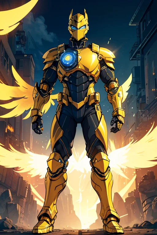 golden yellow body, blue eyes, robotic, robot, (((1boy))), (((golden yellow metal armor))), (black clawed cybernetic gauntlets), (black cybernetic boots), (faceless mask), (golden yellow hip guards), (winged helm)