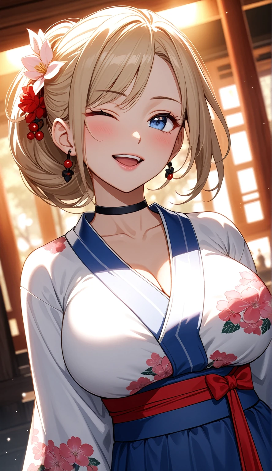 ((One personの女性)), Beautiful Face, (Laughing embarrassedly), ((smirk:1.1)), ((Wink:1.5)), (head tilt:1.3), Laugh with your mouth wide open, upper teeth, looking at viewer, ((Bright red cheeks:1.2)),Glossy Red Lips,night, Shrine festival stalls, Glossy red lips, Shining Face, ((Anime style background)),masterpiece, Highest quality, so beautiful,up to date, Complex details, (Pink long nails), (nail art), (ring),(bracelet),(Floral choker),AI-generated, Complex,High resolution, Highest quality, super high quality,3D Images、3D Images,One person,Blonde long hair,(High Ponytail), (wavy hair), Anime woman posing for a photo, ((Fine grain、Lightly pigmented blue eyes、Shining Eyes:1.4)), (Squint your eyes:1.1),a hyperRealistic , hyperRealistic , Realistic,Long and blonde anime woman, Smooth anime CG art, Pink large floral patternが刺繍された豪華な着物を着た女性, (White long sleeve kimono),(Pink large floral pattern) ,Long flower hair ornament,Earrings,Mature Body,(Big Breasts:1.1),Tall,Abdominal muscles,Tight waist, (dutch angle:1.2),