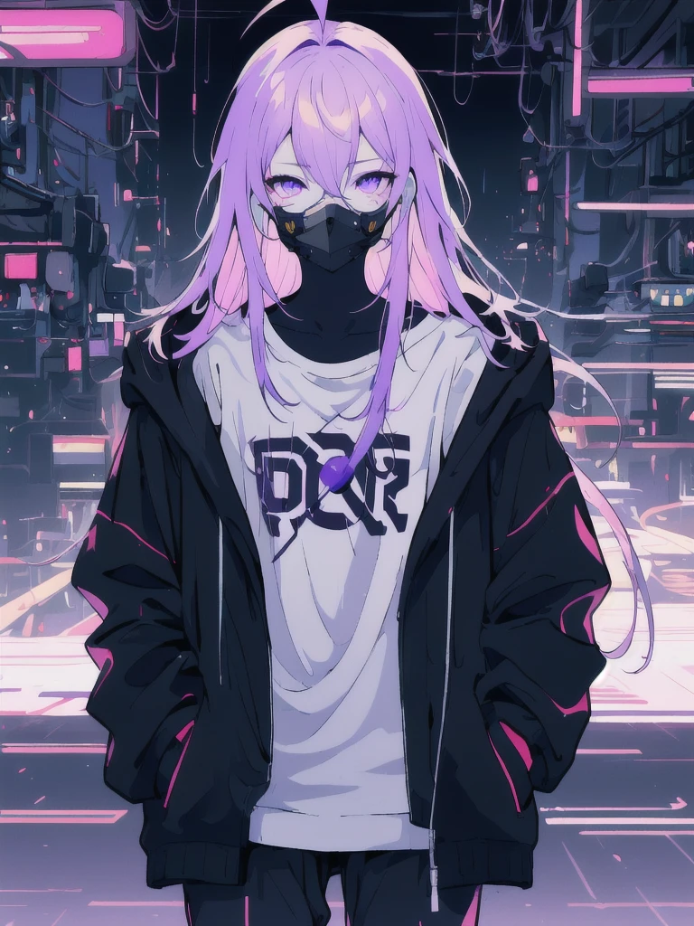 ((masterpiece)), (best quality), ((highres)), 4K, Detailed, (Ambient Light, Digital Art, Soft Lighting, extremely detailed 8K wallpaper:1.2), BREAK 1girl, solo, pale skin, violet eyes, violet hair, ahoge, (absurdly long hair:1.1), flat chest, cyberpunk scenery, black jacket, pants, shirt, night, hand in pocket, looking at viewer, hair between eyes, expressionless, rtx, neon light, black medical mask