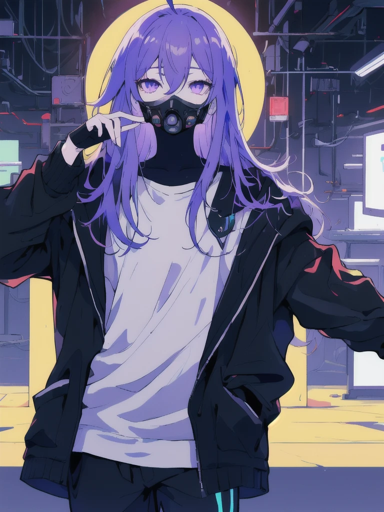 ((masterpiece)), (best quality), ((highres)), 4K, Detailed, (Ambient Light, Digital Art, Soft Lighting, extremely detailed 8K wallpaper:1.2), BREAK 1girl, solo, pale skin, violet eyes, violet hair, ahoge, (absurdly long hair:1.1), flat chest, cyberpunk scenery, black jacket, pants, shirt, night, hand in pocket, looking at viewer, hair between eyes, expressionless, rtx, neon light, black medical mask