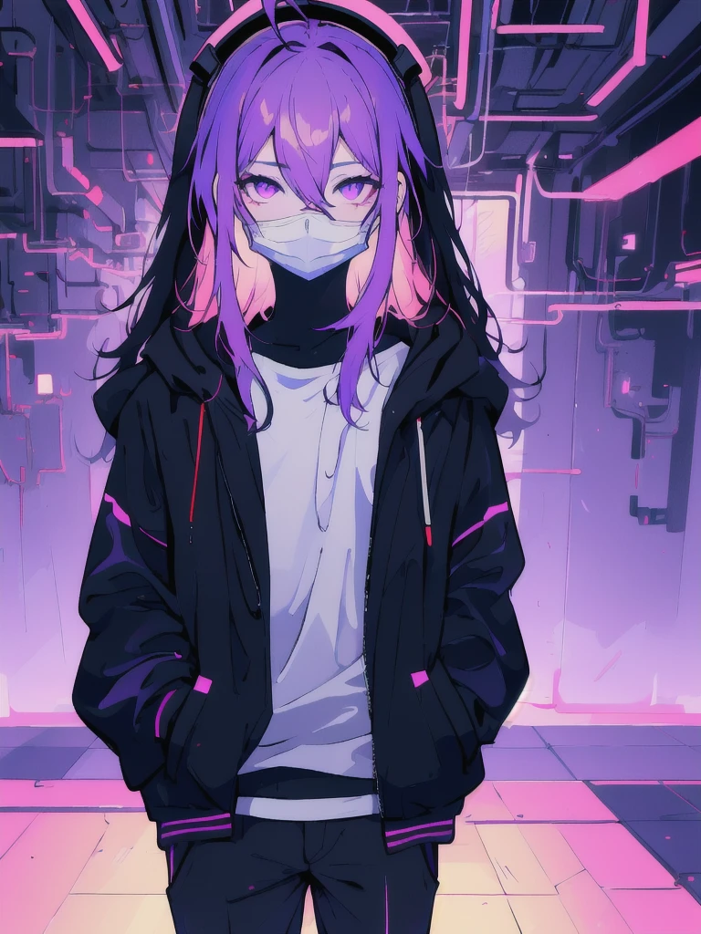 ((masterpiece)), (best quality), ((highres)), 4K, Detailed, (Ambient Light, Digital Art, Soft Lighting, extremely detailed 8K wallpaper:1.2), BREAK 1girl, solo, pale skin, violet eyes, violet hair, ahoge, (absurdly long hair:1.1), flat chest, cyberpunk scenery, black jacket, pants, shirt, night, hand in pocket, looking at viewer, hair between eyes, expressionless, rtx, neon light, black medical mask