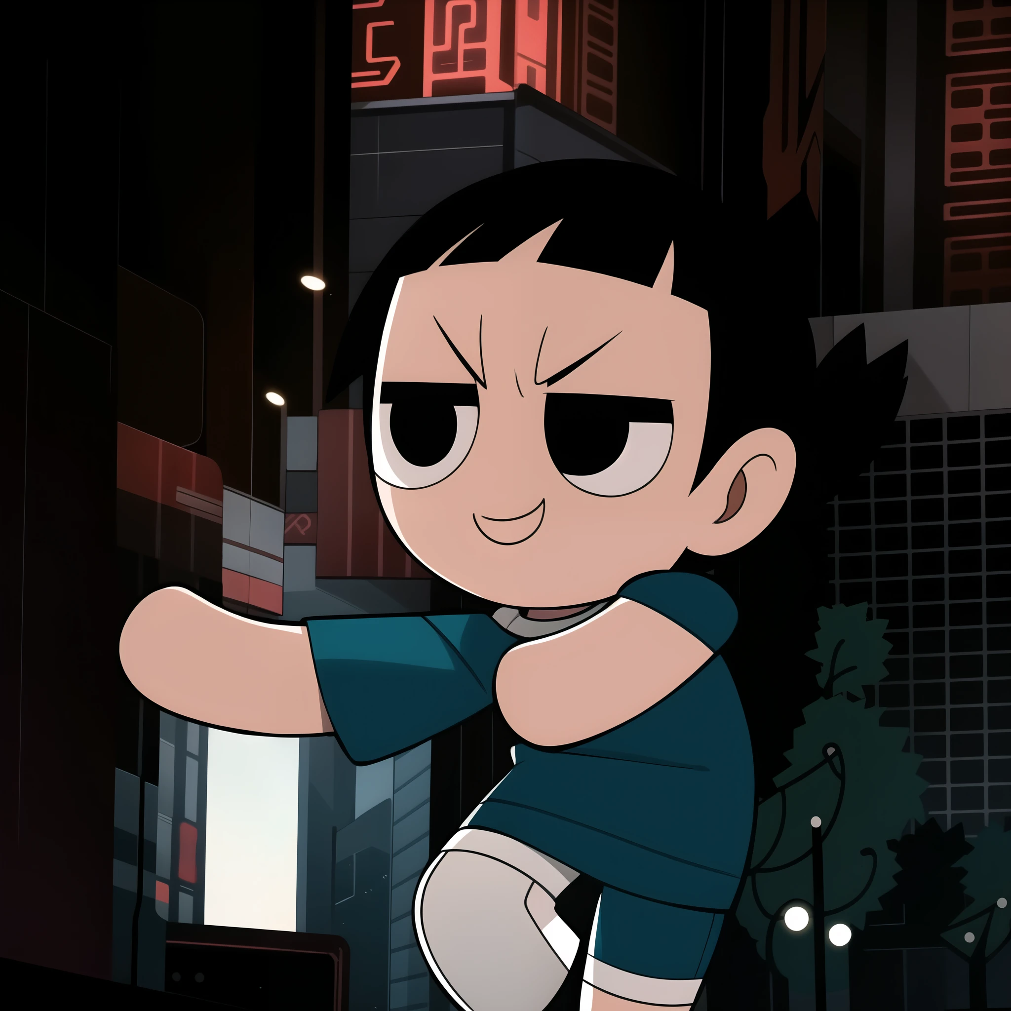 boy, shirt, short sleeves, pants, cute smile, full body, chibi, black hair, city background, (((Solo)))