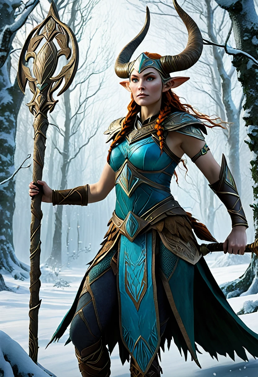 "Create a unique Satyress character rooted in Nordic mythology, blending her traditional woodland and nature-bound traits with the mystical prowess of Valkyries. She embarks on a quest to rescue a stolen artifact from a cunning frost giant, forging an unlikely alliance with a mischievous Loki along the way."