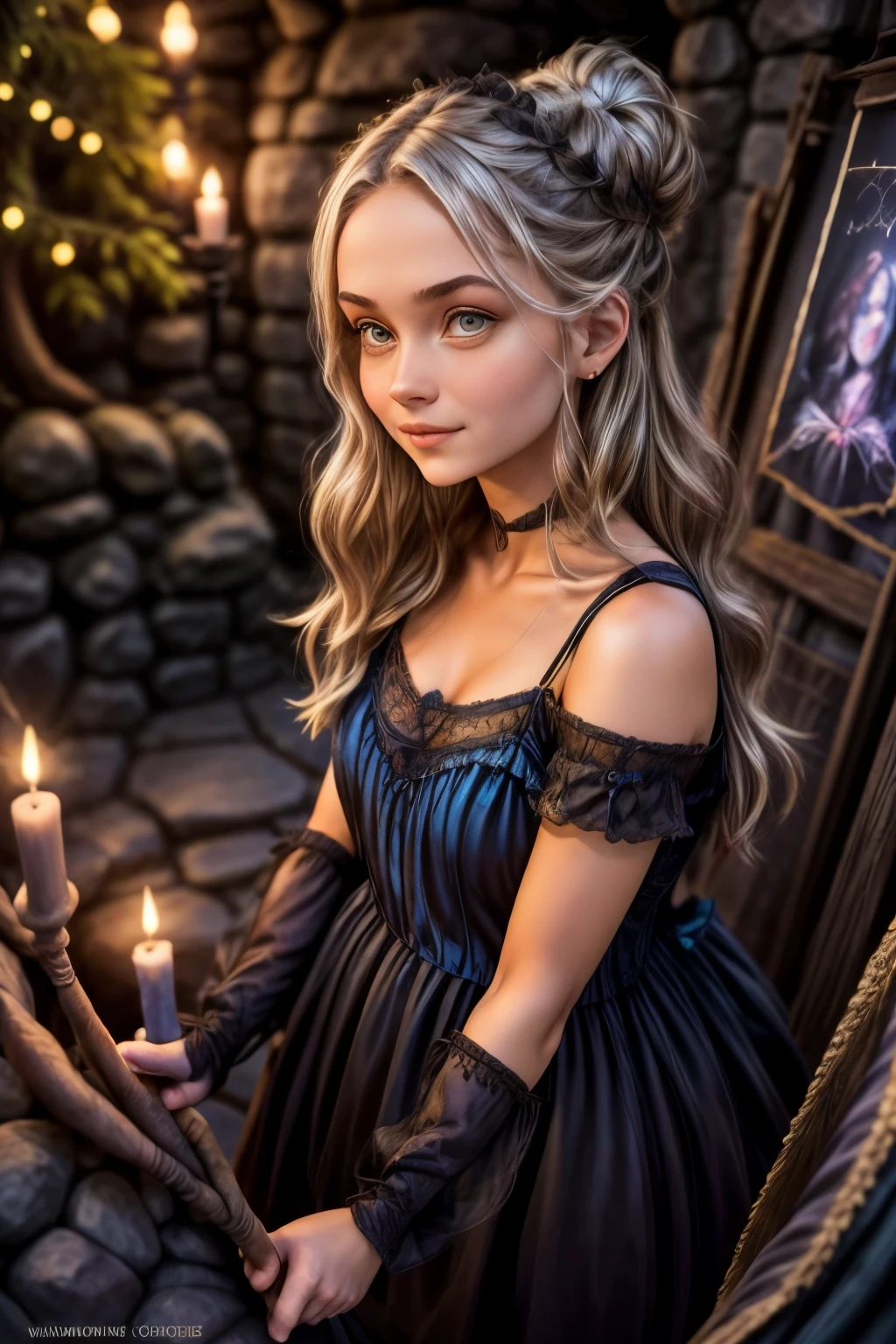 illustration of 15 years old Virginia Otis blonde hair blue eyes youngest cute face, from the Canterville Ghost, furtively observing a group of followers of the Goddess Freia who are celebrating a forbidden ritual inside a mysterious cave. We are sure that only a talented artist like you will be able to capture the essence of this magical and mysterious encounter. Your drawing will be fundamental for the creation of a unique publication, which combines the gothic atmosphere and the charm of the supernatural. Remember to add evocative details, such as candle flames dancing in the dark, shadows moving ominously along the rock walls, and Virgin Otis' claws clinging to the stone. Highlight the aura of mystery and emotion that this forbidden encounter evokes.