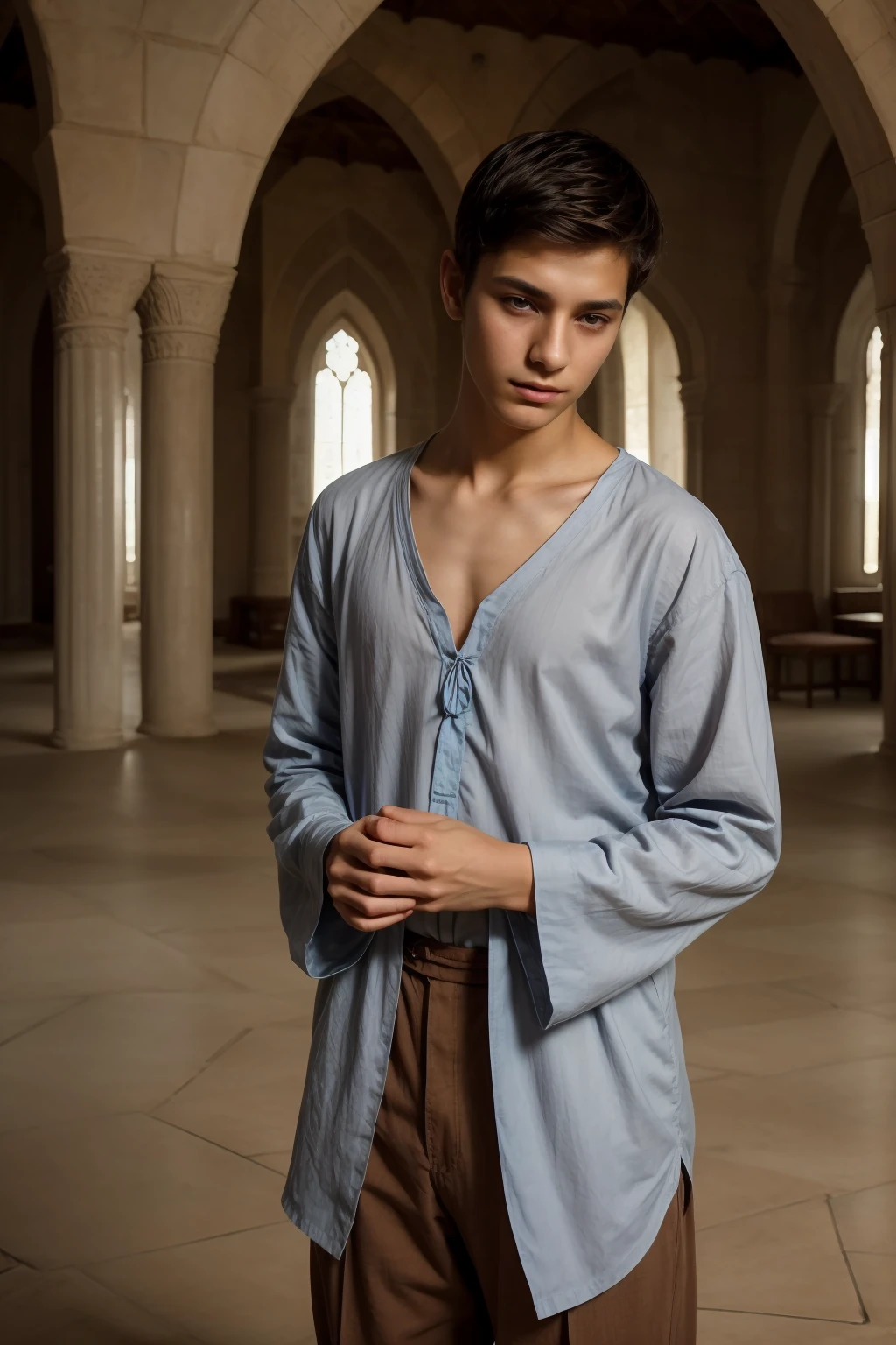 A beautiful young male twink with black hair wearing a medieval gothic cotton and linen shirt, long sleeves with ties, a V-neck, aquamarine color, and brown cotton pants. He is in the religious prayer mosque and has the Holy Quran in his hand and he looks on proudly.