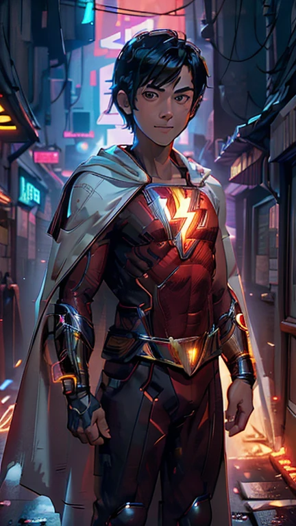 best quality,masterpiece,1boy,solo,(((13years old))),japanese boy,an extremely cute and handsome boy,highly detailed beautiful face and eyes,petit,cute face,lovely face,baby face,shy smile,show teeth, Black hair,Short hair,flat chest,skinny,slender,(((wearing a red Shazam costume,white cape))),(((standing in Dark Midnight Neon Glow light Cyberpunk metropolis city))),he is looking at the viewer,