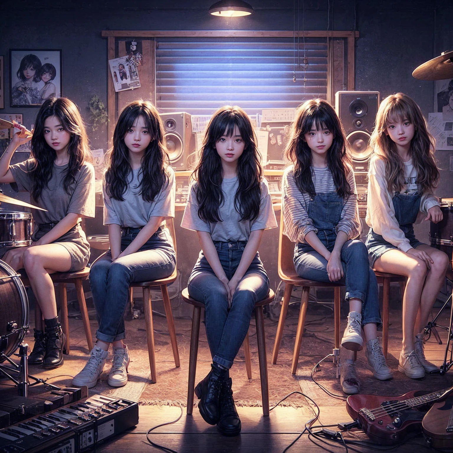 **Photo of 5 beautiful girls, aged 18 to 20, sitting:**
- **3 girls with messy black hair**
- **1 girl with wavy bob black hair**
- **1 girl with a black ponytail**
One girl is playing the drums, one girl is playing the piano, one girl is playing the bass guitar, one girl is playing the guitar, and one girl is singing. They are sitting behind a board with the word "ECHO" written on it. The background is a music studio, complete with drums, guitars, bass guitar, and piano. The image is ultra HD, 4k, photorealistic, raw, and a masterpiece.