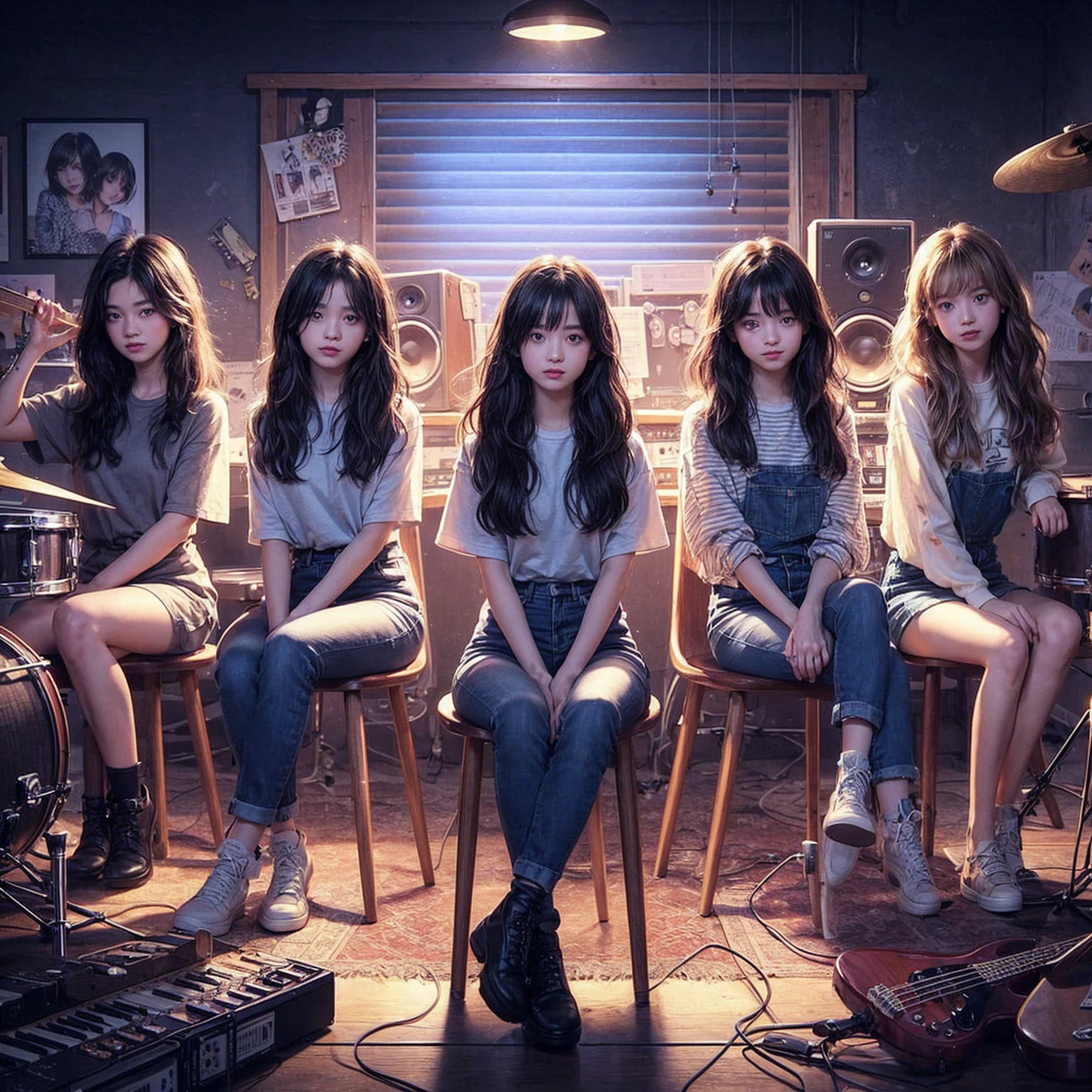 **Photo of 5 beautiful girls, aged 18 to 20, sitting:**
- **3 girls with messy black hair**
- **1 girl with wavy bob black hair**
- **1 girl with a black ponytail**
One girl is playing the drums, one girl is playing the piano, one girl is playing the bass guitar, one girl is playing the guitar, and one girl is singing. They are sitting behind a board with the word "ECHO" written on it. The background is a music studio, complete with drums, guitars, bass guitar, and piano. The image is ultra HD, 4k, photorealistic, raw, and a masterpiece.