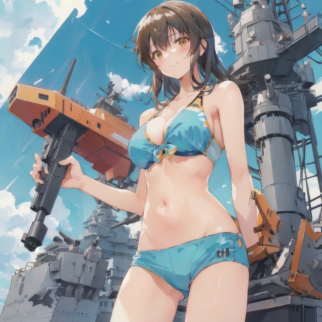 anime girl in bikini with giant gun in front of factory, smile,80s anime,Kantai Collection Style, Railgun, makoto shinka, Girl with warship parts, yellow wind, Kantai Collection, bikini + Tattered military equipment, art of yellow wind pixel, Anime Machine Gun Shooting, Makoto Shinkai and Artgelm, Biomechanical OPPAI