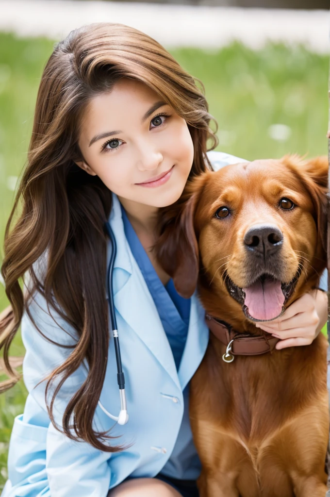 girl veterinarian with long light brown hair, with a dog