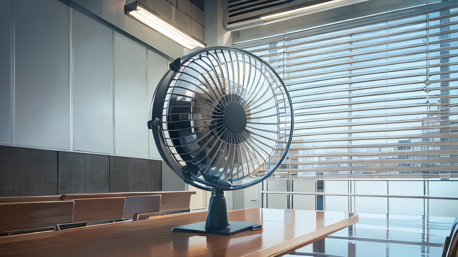 The electric fan is on the desk in the conference room.