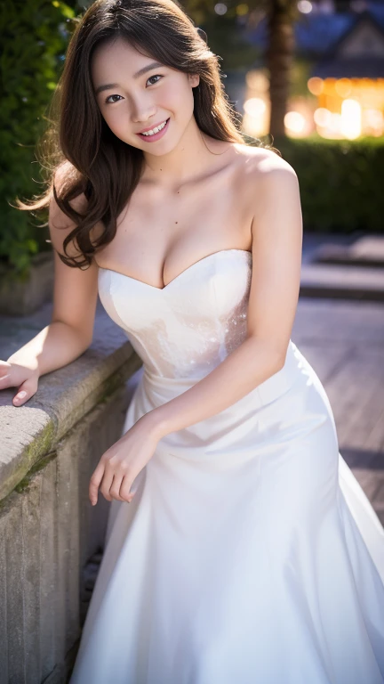 Beautiful 25 year old woman。She is wearing a summer wedding dress. She is smiling on illuminated by the evening church lights . romantic sunset. her dark brown hair. High resolution、masterpiece、highest quality、頭w:1.0、((Hasselblad Photos))、fine skin、(movie lighting)、clavicle . full body picture.