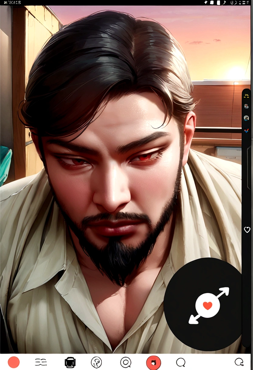 (realistically, Masterpiece, High resolution 8K, good light quality, Portrait, closed on face, complicated details), The most handsome Korean uncle., Beard,Age 40, Staring at desire, detailed face, Detailed eyes, look at the sky, shirt, suit lac suit,tick,黑Eyes, (Pale skin), body standards,brown hair, smooth hair,Big Back, Outdoor activities, evening, sunset,office room, Exaggerated, impersonal
