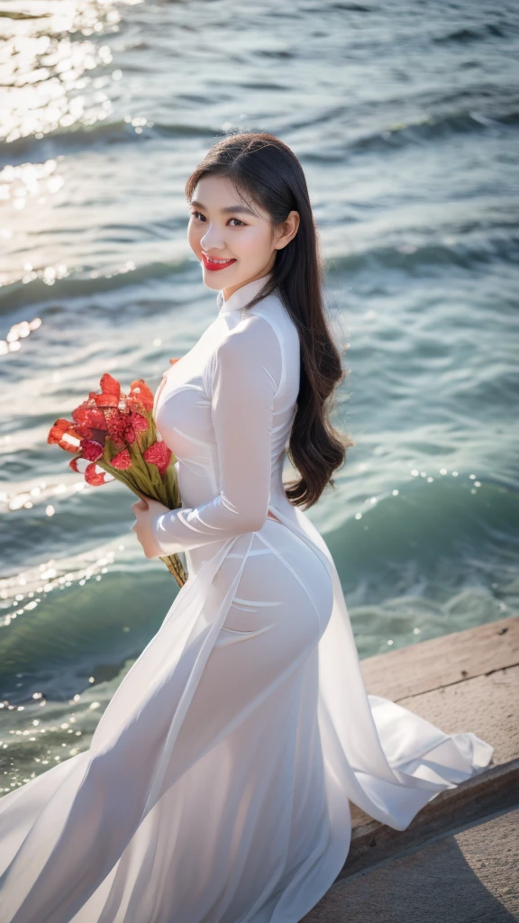 detailed body, attractive body, perfect human body, realistic face,
(ultimate quality, masterpiece, highres:1.0), realistic:1.6, photorealistic,
[8k UHD photos, UHD high quality photos, Super detailed and super clear images],
Close-up of a Vietnamese girl with a beautiful face and balanced body, leggy, round face, big round eyes, Charming smile, Red lips, long curly eyelashes, big dimples, pointed chin, plump face, Her face resembles BaoTran x ThanhThanh, Tall and plump figure, lace bra inside, lace panties,
wearing a bright and shiny white silk ao dai with embroidered flowers, sitting and playing with the sand and ocean waves, pose sexy,
Silk ao dai,