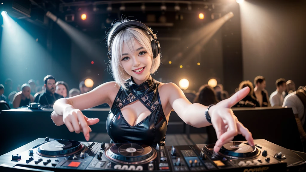 (ultra - detailed, 16K resolution, Cinema lenses, rendering by octane), (high resolution:1.18), intricate detail, (masterpiece:1.1), (highest quality:1.1), (1girl, portrait, white hair, blue eyes, short hair, detailed eyes),Wearing silver DJ headphones, Shiny silver sequined T-shirt, (Iconic hip-hop pop costumes:1.3), Smile while DJing on stage, full body shot of, The spotlight shines on the female DJ. Photorealistic photography by Disco Lighting, (cute round face:1.3), perfect fingers, five fingers, beautiful hands, perfect hands. master peace, cute smile.