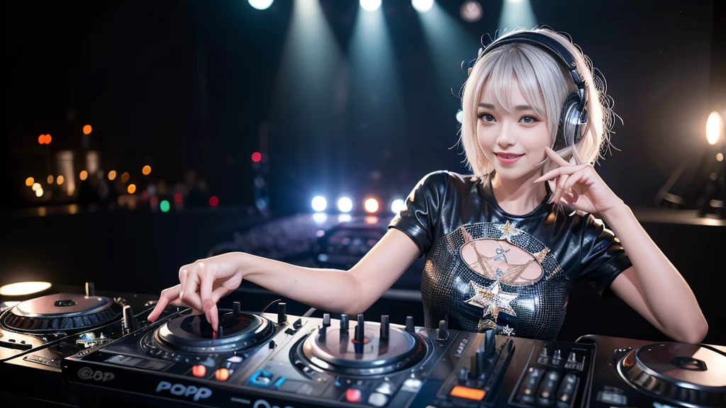 (ultra - detailed, 16K resolution, Cinema lenses, rendering by octane), (high resolution:1.18), intricate detail, (masterpiece:1.1), (highest quality:1.1), (1girl, portrait, white hair, blue eyes, short hair, detailed eyes),Wearing silver DJ headphones, Shiny silver sequined T-shirt, (Iconic hip-hop pop costumes:1.3), Smile while DJing on stage, full body shot of, The spotlight shines on the female DJ. Photorealistic photography by Disco Lighting, (cute round face:1.3), perfect fingers, five fingers, beautiful hands, perfect hands. master peace, cute smile.