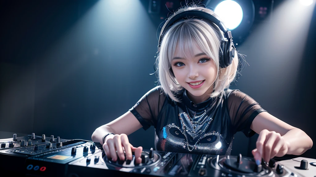 (ultra - detailed, 16K resolution, Cinema lenses, rendering by octane), (high resolution:1.18), intricate detail, (masterpiece:1.1), (highest quality:1.1), (1girl, portrait, white hair, blue eyes, short hair, detailed eyes),Wearing silver DJ headphones, Shiny silver sequined T-shirt, (Iconic hip-hop pop costumes:1.3), Smile while DJing on stage, full body shot of, The spotlight shines on the female DJ. Photorealistic photography by Disco Lighting, (cute round face:1.3), perfect fingers, five fingers, beautiful hands, perfect hands. master peace, cute smile.