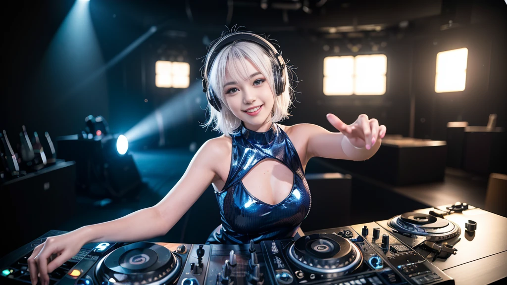 (ultra - detailed, 16K resolution, Cinema lenses, rendering by octane), (high resolution:1.18), intricate detail, (masterpiece:1.1), (highest quality:1.1), (1girl, portrait, white hair, blue eyes, short hair, detailed eyes),Wearing silver DJ headphones, Shiny silver sequined T-shirt, (Iconic hip-hop pop costumes:1.3), Smile while DJing on stage, full body shot of, The spotlight shines on the female DJ. Photorealistic photography by Disco Lighting, (cute round face:1.3), perfect fingers, five fingers, beautiful hands, perfect hands. master peace, cute smile.