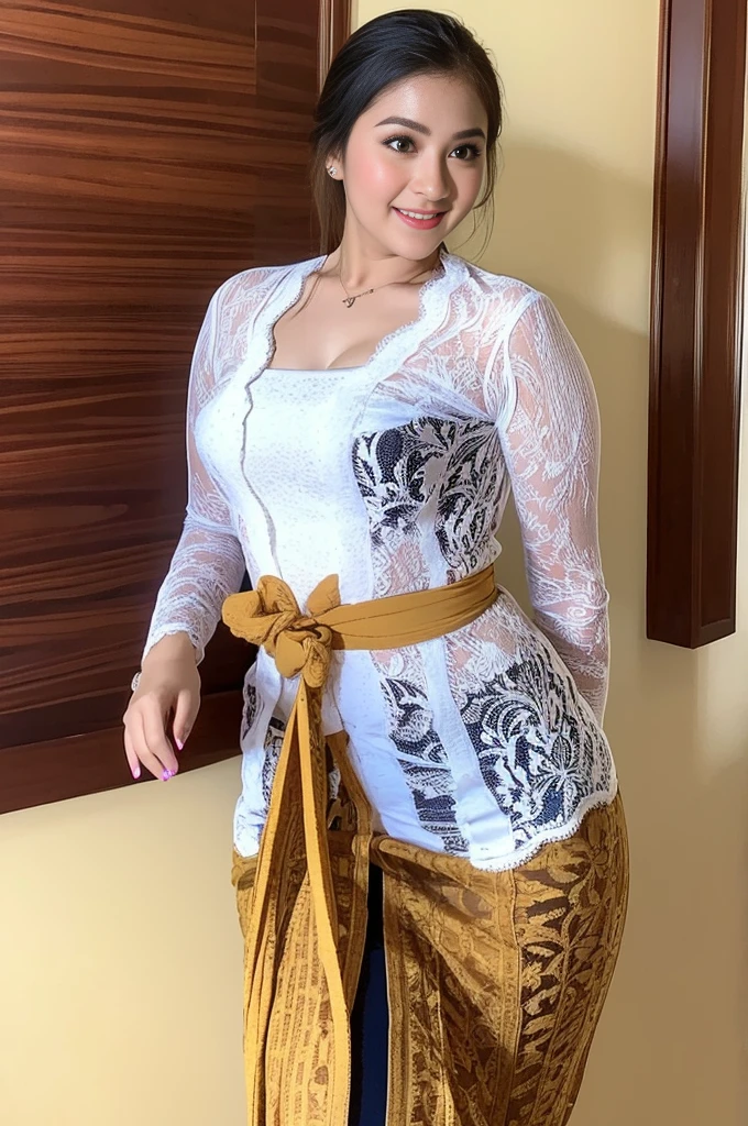 ((looking at camera)), (WDR), detailed face, 1girl, solo, fashion-girl, mature girl, cute, sweet, Sundanese girl wearing Sundanese kebaya, silver kebaya and brown floral pattern long skirt, batik culture, Indonesian Culture, Indonesian Art, Indonesia palace background, sexy, exotics, gigantic breasts, cleavage, open breasts, busty, voluptuous, curvy, thick, chubby