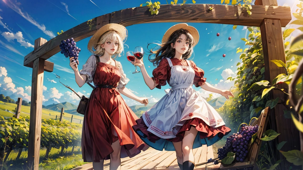 Two women joyfully stomping grapes under a clear blue sky as part of traditional winemaking. They are dressed in red dresses with white aprons, standing in a large wooden vat filled with grapes. The abundance of fruit around them adds to the scene's vibrancy, and their smiles reflect the fun of the moment. In the background, a sunny sky and the French countryside are visible.