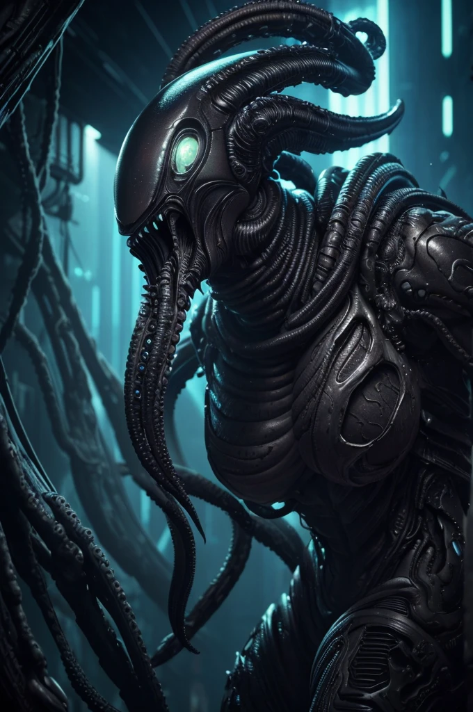 a female xenomorph alien predator creature, detailed cyberpunk style octopus body, dark and ominous atmosphere, ultra detailed, cinematic lighting, dramatic pose, hyper realistic,visceral textures, intricate organic mechanical design, glowing bioluminescent elements, (best quality,8k,highres,masterpiece:1.2),ultra-detailed,(realistic,photorealistic:1.37),concept art