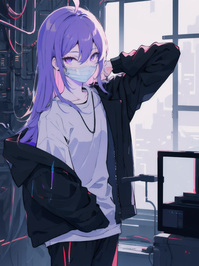 ((masterpiece)), (best quality), ((highres)), 4K, Detailed, (Ambient Light, Digital Art, Soft Lighting, extremely detailed 8K wallpaper:1.2), BREAK 1girl, solo, pale skin, violet eyes, violet hair, ahoge, (absurdly long hair:1.1), flat chest, cyberpunk scenery, black jacket, pants, shirt, night, hand in pocket, looking at viewer, hair between eyes, expressionless, rtx, neon light, black medical mask