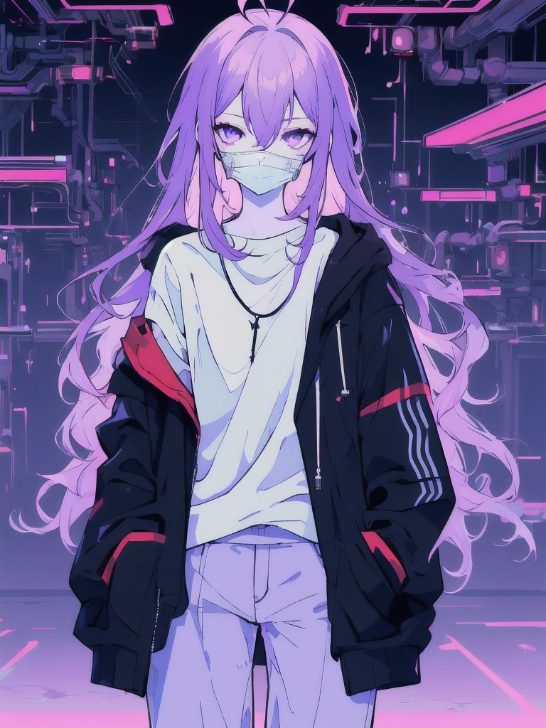 ((masterpiece)), (best quality), ((highres)), 4K, Detailed, (Ambient Light, Digital Art, Soft Lighting, extremely detailed 8K wallpaper:1.2), BREAK 1girl, solo, pale skin, violet eyes, violet hair, ahoge, (absurdly long hair:1.1), flat chest, cyberpunk scenery, black jacket, pants, shirt, night, hand in pocket, looking at viewer, hair between eyes, expressionless, rtx, neon light, black medical mask