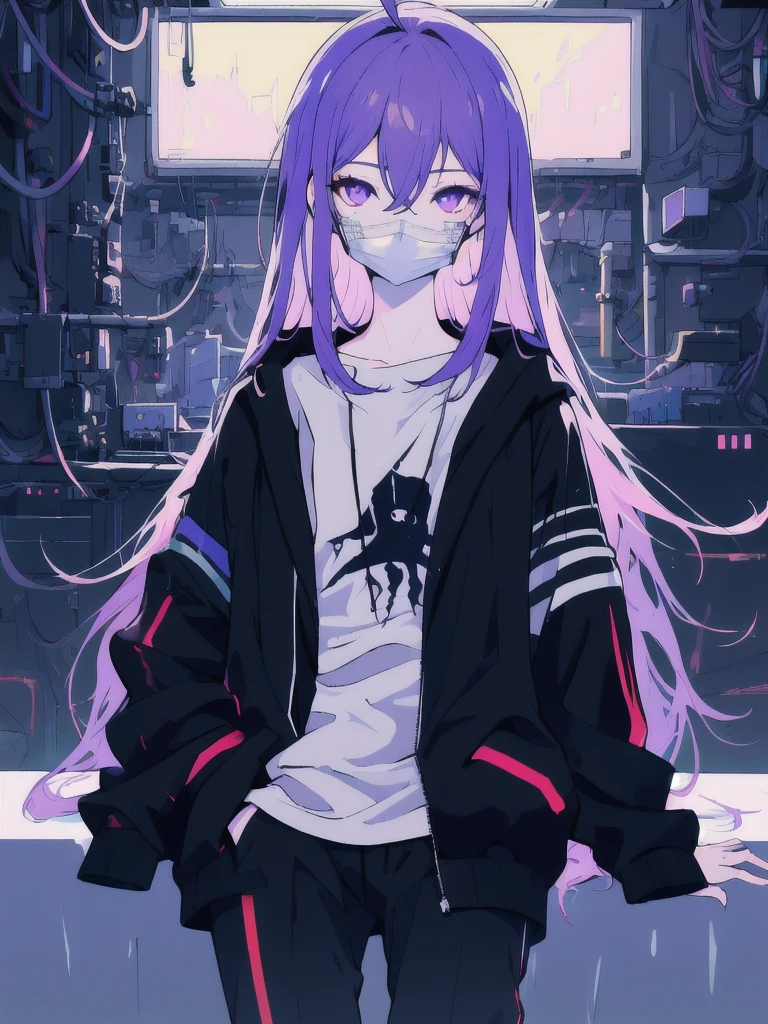 ((masterpiece)), (best quality), ((highres)), 4K, Detailed, (Ambient Light, Digital Art, Soft Lighting, extremely detailed 8K wallpaper:1.2), BREAK 1girl, solo, pale skin, violet eyes, violet hair, ahoge, (absurdly long hair:1.1), flat chest, cyberpunk scenery, black jacket, pants, shirt, night, hand in pocket, looking at viewer, hair between eyes, expressionless, rtx, neon light, black medical mask