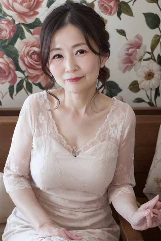 Mature elegant Japanese woman, 55 year old mature woman, Lady, Detailed face, Beautiful Lips, extremely Detailed face, Long eyelashes, Chubby body type, A kind smile, Small Bust, Sheer Lingerie, whole body, sexy, glamorous, (Low Ponytail), Pearl Necklace, Red lipstick, Sensual, Fascinating, (Spread your legs), (Wear glasses)