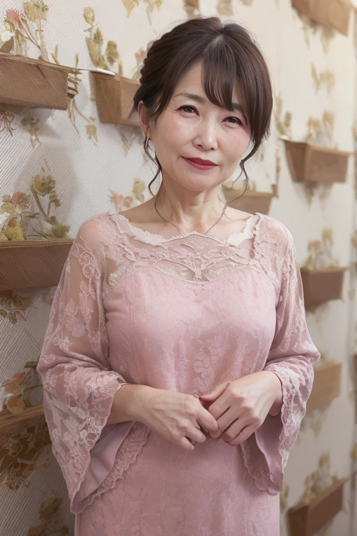 A calm and mature 55 year old Japanese woman, Married women, Delicate features, Long eyelashes, Sparkling eyes, Low Ponytail, Red lipstick, Rosy Cheeks, elegant, Candid pose, Noble dress, ((whole body)), Party Venue, wallpaper, (Highest quality,8K,High resolution,masterpiece:1.2),