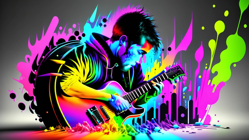Close-up of a man playing blues guitar on a black background, Hyper Design, Colorful graffiti, Rainbow illustration,  Colors bleed,  computer art,  Beautiful 3D rendering, 