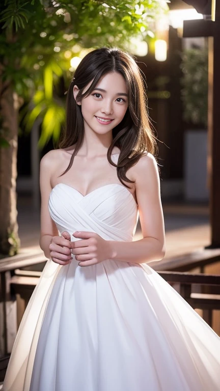 Beautiful 25 year old  woman。She is wearing a summer wedding dress. She is smiling on illuminated by the evening church lights . romantic sunset. her dark brown hair. High resolution、masterpiece、highest quality、頭w:1.0、((Hasselblad Photos))、fine skin、(movie lighting)、clavicle . full body picture.